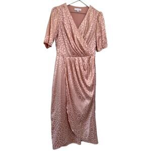 Ivy City Co Blush Pink Satin Leopard Print Wrap Midi Dress Size Medium